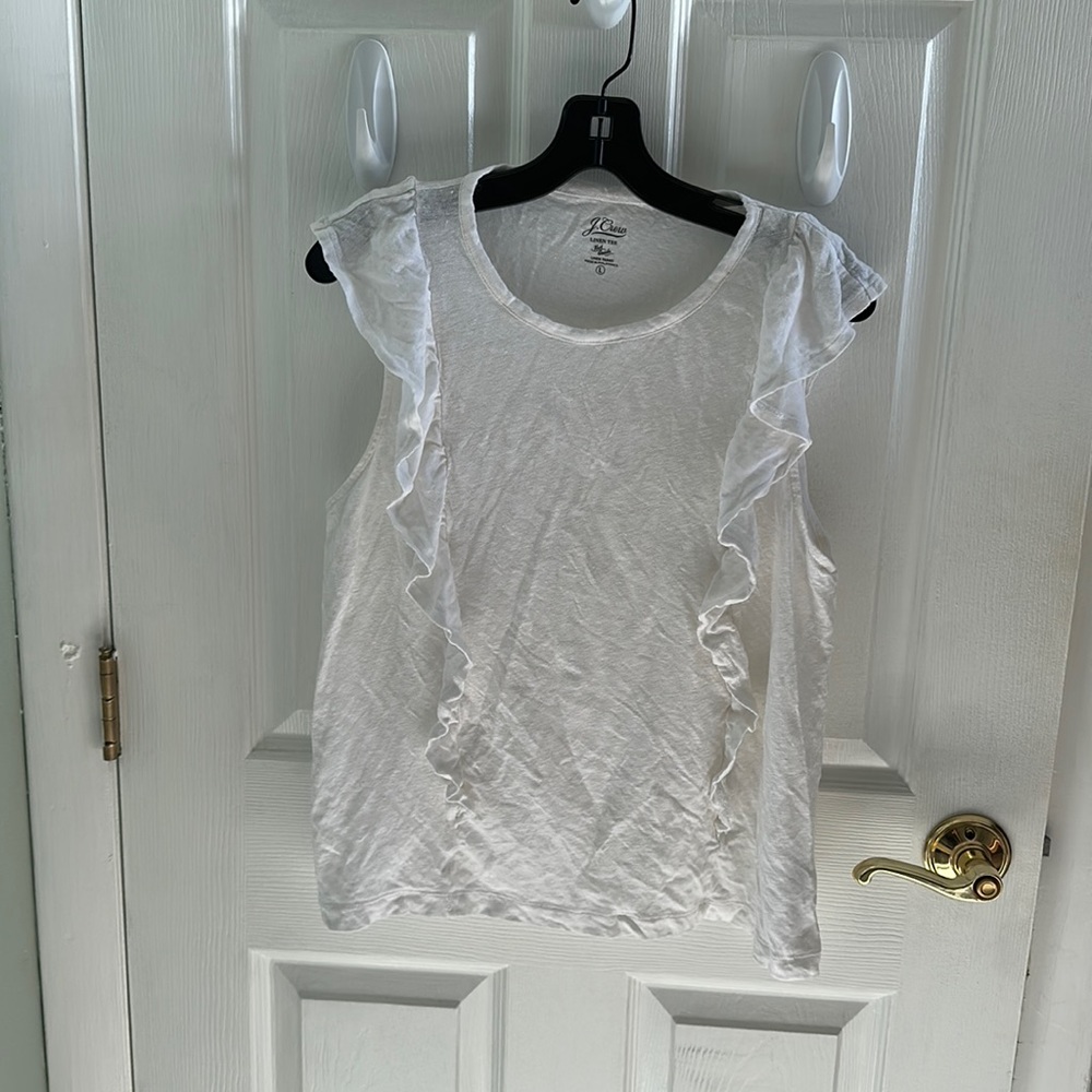 JCrew white linen tee with cute ruffle detail